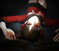 1girl black_skirt breasts brown_hair closed_mouth danganronpa_(series) danganronpa_v3:_killing_harmony frown hair_ornament hair_scrunchie harukawa_maki highres hungrystripes long_hair long_sleeves lying on_back pleated_skirt red_eyes red_scrunchie red_shirt scrunchie shirt skirt small_breasts solo upside-down 
