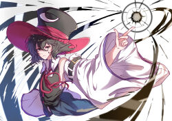  1other androgynous arm_belt attack bare_shoulders belt belt_buckle black_belt black_coat black_hair black_hat buckle closed_mouth coat collared_shirt cropped_torso detached_sleeves enraku_tsubakura expressionless eye_of_senri floating_clothes floating_hair frown gold_buckle grey_eyes hair_between_eyes hat highres ink laser len&#039;en long_sleeves looking_at_viewer messy_hair monochrome_ray_(len&#039;en) neck_ribbon other_focus outstretched_arm red_hat red_ribbon ribbon ribbon-trimmed_coat ribbon_trim shirt sleeveless sleeveless_coat sleeveless_shirt solo spell_card top_hat two-sided_fabric two-sided_headwear white_background white_shirt white_sleeves wide_sleeves yoni. 