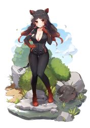 1girl animal animal_ears baby_hippopotamus bangs brown_eyes cleavage finger_to_own_chin hand_on_hip hippopotamus hippopotamus_(kemono_friends) hippopotamus_ears hippopotamus_girl hippopotamus_tail kemono_friends kemono_friends_kingdom official_art open_mouth red_gloves rivets water