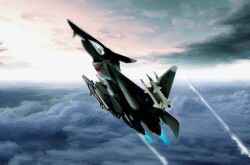  aircraft airplane clouds contrail fighter_jet flying highres military military_vehicle missile no_humans pilot realistic science_fiction sentou_yousei_yukikaze sky variable_fighter vehicle_focus yukikaze_supersylph 