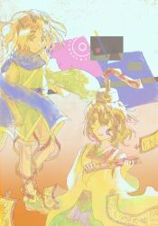  2others adjusting_scarf androgynous black_eyes black_hair black_hat black_kimono blue_background blue_scarf boots brown_shorts cowboy_shot detached_sleeves eye_of_senri full_body gradient_background green_boots green_hakama green_kimono hair_between_eyes hair_rollers hairband hakama hakama_short_skirt hakama_skirt happy hat holding holding_rod japanese_clothes jinbei_(clothes) kariginu kimono layered_sleeves leg_ribbon len&#039;en long_sleeves looking_at_another merry_765 messy_hair multiple_others ofuda ofuda_on_head orange_background orange_hair orange_sleeves other_focus red_hairband red_ribbon ribbon rod scarf senri_tsurubami short_hair short_kimono shorts skirt square tate_eboshi two-sided_sleeves two-tone_background white_sleeves wide_sleeves zuifeng_tenkai 