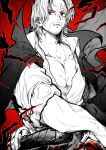  1boy black_cape cape commentary_request facial_hair greyscale_with_colored_background highres male_focus monochrome one_piece open_clothes red_background red_eyes scar scar_across_eye scar_on_face shanks_(one_piece) shirt short_hair solo white_shirt yotsumi_shiro 