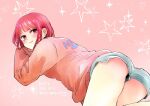  1girl arima_kana blush bob_cut closed_mouth highres inverted_bob oshi_no_ko pink_background red_eyes red_shirt redhead shirt short_hair shorts smile solo star_(symbol) sweater thighs yurigera_8959 