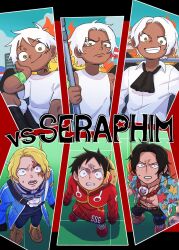 alternate_universe freckles medium_hair monkey_d._luffy monkey_d_luffy multiple_boys one_piece portgas_d._ace portgas_d_ace sabo_(one_piece) scar_across_eye scar_on_face seraphim_(one_piece) short_hair smile star-shaped_pupils