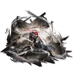  1girl abandoned absurdres arknights armband boots car closed_mouth crownslayer_(arknights) dagger denim factory floating floating_clothes floating_object floating_weapon full_body highres hyena hyena_ears jacket jeans junkyard knife motor_vehicle official_art open_clothes open_jacket pants red_eyes red_hair ruins shirt sitting smoke smoke_trail unused_tire weapon white_shirt zhili_xingzou 