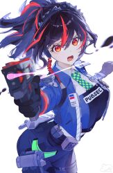  1girl aiming aiming_at_viewer black_gloves black_hair blue_jacket breasts checkered_necktie earpiece gloves gun hairband high-waist_pants highres holding holding_gun holding_weapon holster jacket large_breasts looking_at_viewer metal_hairband multicolored_hair necktie pants police police_badge police_uniform policewoman ponytail red_eyes red_hair shoulder_holster simple_background solo streaked_hair syuri22 tight_clothes tight_pants weapon white_background zenless_zone_zero zhu_yuan 