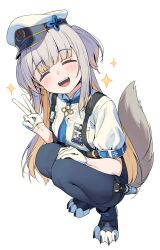  1girl absurdres animal-themed_footwear animal_ears baton_(weapon) belt belt_buckle blonde_hair blue_pantyhose blue_shorts blush breast_pocket breasts buckle closed_eyes dog_ears dog_girl dog_tail dress_shirt full_body gloves gradient_hair grey_hair hat highres holster hop3 long_hair looking_at_viewer multicolored_hair nijisanji open_mouth pantyhose pocket police police_badge police_uniform shioriha_ruri shioriha_ruri_(1st_costume) shirt shorts sidelocks small_breasts smile solo squatting tail thigh_holster v weapon white_background white_gloves white_shirt 