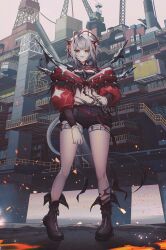  1girl ankle_boots antenna_hair arknights barbed_wire belt black_boots black_shorts boots box chimney container crane_(machine) crop_top dagger day ev-oo fingernails fire full_body grey_belt grey_hair grin highres knife lace-up_boots lava long_sleeves looking_at_viewer midriff multicolored_hair navel o-ring orange_eyes outdoors red_hair short_hair short_shorts shorts smile solo stairs standing streaked_hair tail thigh_belt thigh_strap w_(arknights) weapon wind window wis&#039;adel_(arknights) 