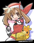  1girl :d bandana bird black_shirt breasts brown_eyes brown_hair drop_shadow fang fanny_pack gloves hair_between_eyes highres holding holding_poke_ball looking_at_viewer may_(pokemon) medium_breasts open_mouth outstretched_arm poke_ball poke_ball_(basic) pokemon pokemon_(creature) pokemon_(game) pokemon_rse premier_ball rascal red_bandana red_shirt shirt smile solo torchic two-tone_shirt 