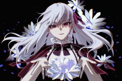  1girl absurdres black_background black_dress blue_petals bow bowtie brooch dark_persona dark_sakura dress earrings evil_smile fate/stay_night fate_(series) floral_background frills hair_ribbon heaven&#039;s_feel highres jewelry matou_sakura miuoo purple_bow purple_bowtie purple_ribbon red_eyes ribbon shaded_face shirt smile solo striped_clothes striped_dress tsurime vertical-striped_clothes vertical-striped_dress white_hair white_lotus white_shirt 