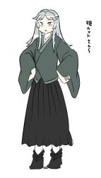  1other alternate_costume androgynous black_kimono blunt_bangs brown_hakama brown_socks chikafumikou dot_nose fujiwara_no_shirogane_no_sanra full_body grey_eyes grey_hair hakama hakama_skirt hands_on_own_hips highres japanese_clothes kimono len&#039;en long_hair long_sleeves looking_ahead open_mouth other_focus parted_bangs shadow short_kimono sidelocks simple_background skirt socks solo standing straight_hair translation_request unamused white_background wide_sleeves 