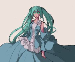 1girl aqua_hair asymmetrical_dress baggy_clothes bare_shoulders blue_dress closed_mouth clothing_cutout cosplay dress dress_flower evillious_nendaiki flower frilled_dress frills gherea glowing glowing_eyes green_eyes hair_between_eyes hatsune_miku hatsune_miku_(cosplay) hypnosis long_hair margarita_blankenheim mind_control narrow_waist nemurase_hime_kara_no_okurimono_(vocaloid) rose shoulder_cutout sidelocks staring twintails very_long_hair vocaloid white_flower white_rose wide-eyed wide_sleeves