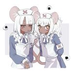  2girls absurdres animal_ears apron armband blush_stickers daikokuten_(fate) dark-skinned_female dark_skin fate/grand_order fate_(series) food highres kaigan0211 mouse_ears mouse_tail multiple_girls onigiri red_eyes tail white_apron white_hair yellow_pupils 