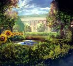  bench building bungou_to_alchemist bush clouds day flower no_humans official_art outdoors puddle reflection reflective_water scenery summer sunflower tree yellow_flower 