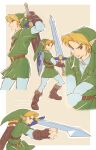  1boy blonde_hair blue_eyes boots border brown_footwear cropped_torso green_background green_headwear green_shirt green_tunic highres holding holding_sword holding_weapon hylian_shield jewelry layered_sleeves link long_sleeves male_focus master_sword multiple_views pants parted_bangs pointy_ears sheath shield shield_on_back shirt short_over_long_sleeves short_sleeves sword takapon-o-ji the_legend_of_zelda the_legend_of_zelda:_ocarina_of_time unsheathed weapon white_border white_pants 