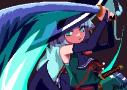  1girl adapted_costume ajirogasa ascot black_ascot black_background black_bridal_gauntlets black_hat blunt_bangs bridal_gauntlets brodall_pixel chest_sarashi commentary_request floating_clothes frilled_skirt frills green_eyes green_light green_shirt green_skirt hat highres holding holding_sword holding_weapon konpaku_youmu konpaku_youmu_(ghost) light_trail looking_to_the_side parted_lips pixel_art red_ribbon ribbon sarashi shirt short_hair skirt sleeveless sleeveless_shirt solo sword sword_hilt touhou upper_body weapon white_hair white_trim 