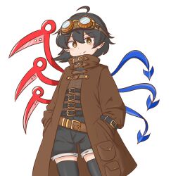  1girl ahoge alternate_costume asymmetrical_wings aviator_goggles belt black_belt black_hair bright_pupils brown_belt brown_coat brown_shorts brown_thighhighs chest_belt closed_mouth coat commentary commission cowboy_shot dot_nose goggles goggles_on_head hair_between_eyes hands_in_pockets high_belt highres houjuu_nue light_blush long_sleeves looking_at_viewer mizusoba multiple_belts open_clothes open_coat pointy_ears short_hair shorts simple_background smile solo split_mouth standing steampunk thigh-highs touhou trench_coat white_background white_pupils wings yellow_eyes 
