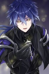  1boy arm_up black_gloves black_jacket blue_gemstone blue_hair collared_jacket commentary commentary_request cowboy_shot crossed_bangs double-parted_bangs flins_(genshin_impact) gem genshin_impact gloves hair_between_eyes highres jacket long_hair looking_at_viewer male_focus necoco112061 open_mouth outstretched_arm solo wing_collar yellow_eyes 