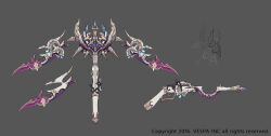  blue_gemstone concept_art crescent crossbow ezu_(leejiyu) gem grey_background highres king&#039;s_raid multiple_views no_humans official_art thorns weapon weapon_focus 