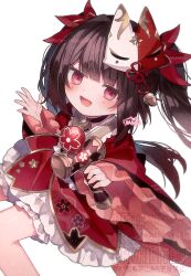  1girl aged_down bell black_sash brown_hair butterfly-shaped_pupils circle_facial_mark commentary_request eringikinono fox_mask highres honkai:_star_rail honkai_(series) japanese_clothes kendama kimono looking_at_viewer mark_under_both_eyes mask mask_on_head neck_bell open_mouth pink_hair red_kimono red_sleeves sash simple_background sitting smile solo sparkle_(honkai:_star_rail) symbol-shaped_pupils twintails watermark white_background 