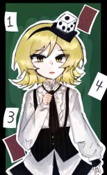  1other ace_(playing_card) adapted_costume between_fingers black_border black_gloves black_hairband black_necktie black_skirt black_vest blonde_hair border buttons card center_frills clenched_hand collared_shirt compass_(xinjinjumin6687443) cowboy_shot dice dice_hair_ornament dot_nose eyes_visible_through_hair fingerless_gloves floating_card frilled_shirt_collar frilled_sleeves frills gloves green_background hair_ornament hairband happy heart highres holding holding_dice len&#039;en long_sleeves medium_hair miniskirt necktie open_mouth outline outside_border pinstripe_pattern pinstripe_vest playing_card puffy_long_sleeves puffy_sleeves shirt single_fingerless_glove skirt sleeves_past_wrists solo spade_(shape) standing striped_clothes tsurime vertical-striped_clothes vertical-striped_necktie vest white_outline white_shirt xeno_a yellow_eyes 
