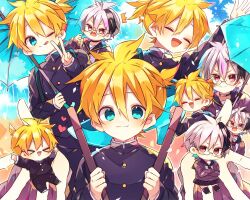  &gt;_&lt; 1boy 1girl :d ;p ^^^ black_jacket black_sailor_collar black_skirt black_socks blonde_hair blue_umbrella blush brown_shirt buttons chibi closed_eyes closed_mouth commentary_request double-parted_bangs flower_(vocaloid) flower_(vocaloid4) gakuran glasses hair_between_eyes hand_up hands_up highres holding holding_umbrella jacket kagamine_len kaho_0102 looking_at_viewer one_eye_closed open_mouth pleated_skirt sailor_collar school_uniform shirt shoes short_hair skirt smile socks tongue tongue_out umbrella v v-shaped_eyebrows vocaloid white_shoes xd 