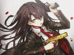  1girl artist_request black_jacket brown_hair commentary_request cz_75 dual_wielding falling_petals finger_on_trigger floating_hair girls_frontline golden_gun gun hair_between_eyes hand_up handgun holding holding_gun holding_weapon jacket korean_commentary long_hair long_sleeves looking_at_viewer necktie nz75_(girls&#039;_frontline) open_clothes open_jacket open_mouth petals red_necktie rose_petals shirt simple_background solo third-party_source upper_body v-shaped_eyebrows weapon white_background white_shirt yellow_eyes 