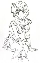  1girl absurdres bishoujo_senshi_sailor_moon boots bow bowtie brooch choker collarbone earrings graphite_(medium) highres i4teruz jewelry looking_at_viewer miniskirt mizuno_ami parted_bangs pleated_skirt sailor_mercury short_hair simple_background sitting sketch skirt solo star_(symbol) star_choker stud_earrings super_sailor_mercury traditional_media white_background 