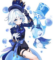  1girl ascot asymmetrical_gloves black_ascot blue_ascot blue_brooch blue_eyes blue_gemstone blue_hair blue_hat blue_jacket cowlick drop-shaped_pupils eyelash_ornament furina_(genshin_impact) gem genshin_impact gentilhomme_usher gloves hair_between_eyes hat heterochromia highres jacket jp4g6kfhb842057 long_sleeves mismatched_gloves mismatched_pupils multicolored_hair ouji_fashion reaching reaching_towards_viewer streaked_hair surintendante_chevalmarin symbol-shaped_pupils top_hat white_hair 