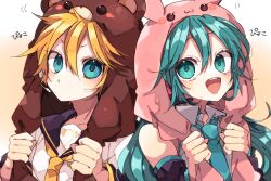  1boy 1girl :d arm_warmers bare_shoulders bass_clef bear_hat black_sailor_collar black_sleeves blonde_hair blue_eyes blue_hair blue_necktie blush brown_hat closed_mouth collared_shirt commentary_request detached_sleeves double-parted_bangs gradient_background hair_between_eyes hat hatsune_miku headset kagamine_len kaho_0102 long_hair long_sleeves looking_at_viewer necktie open_mouth pink_hat sailor_collar shirt short_hair short_sleeves sleeveless sleeveless_shirt smile twintails upper_body v-shaped_eyebrows vocaloid white_shirt yellow_background 