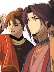  2boys belt_collar brown_hair chinese_clothes closed_mouth collar collared_robe feng_xin hair_bun hair_ribbon hanfu high_ponytail layered_clothes long_hair long_sleeves male_focus mu_qing_(tianguan_cifu) multiple_boys one_eye_closed open_mouth ponytail red_hanfu ribbon single_hair_bun tianguan_cifu two-tone_hanfu white_background xiao_guan_(headdress) yellow_eyes yosga27 