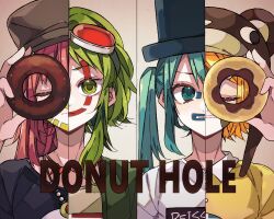  4girls bead_necklace beads bear_hat black_shirt blonde_hair blue_eyes blue_hat brown_hat closed_eyes closed_mouth commentary_request donut_hole_(vocaloid) doughnut food goggles goggles_on_head green_eyes green_hair green_shirt gumi hat hatsune_miku holding holding_donut holding_food jewelry kagamine_rin kaho_0102 long_hair looking_at_viewer megurine_luka multiple_girls necklace open_mouth pink_hair shirt short_hair song_name upper_body vocaloid white_shirt yellow_shirt 