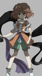  1other absurdres androgynous bags_under_eyes bare_legs bare_shoulders benny_(len&#039;en) black_eyes black_scarf brooch brown_hair closed_mouth collarbone dot_nose expressionless eye_brooch eye_of_senri furrowed_brow green_shorts grey_background hair_between_eyes highres holding holding_unworn_clothes holding_unworn_scarf jacket jewelry knees kuzu_suzumi len&#039;en light_blush light_frown looking_at_viewer loose_hair_strand lufeifei open_clothes open_jacket orange_jacket other_focus purple_scarf purple_shirt red_ribbon ribbon ribbon-trimmed_shorts ribbon-trimmed_socks ribbon_legwear ribbon_trim scarf shirt short_hair shorts simple_background sleeveless sleeveless_jacket sleeveless_shirt socks solo standing two-sided_scarf two-tone_shirt unworn_scarf white_shirt white_socks 