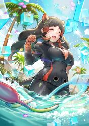 1girl animal_ears black_eyes black_hair breasts cellien_(kemono_friends) cerulean_(kemono_friends) cleavage extra_ears gloves hippopotamus_(kemono_friends) hippopotamus_ears hippopotamus_tail kemono_friends large_breasts leather_suit long_hair multicolored_hair official_art open_mouth redhead sandstar water