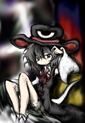  1other androgynous bare_shoulders black_coat black_hair black_hat blurry blurry_background chinese_commentary closed_mouth coat coattails collared_shirt colorful_background commentary_request detached_sleeves dot_nose enraku_tsubakura expressionless eye_of_senri full_body hair_between_eyes hat highres holding knees_up len&#039;en light_frown long_sleeves looking_at_object neck_ribbon official_style other_focus red_hat red_ribbon renlei_jing_shi_wo_ziji ribbon ribbon-trimmed_coat ribbon_trim shirt short_hair sitting sleeveless sleeveless_coat sleeveless_shirt solo top_hat two-sided_fabric two-sided_headwear white_shirt white_sleeves wide_sleeves 