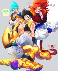  black_hair blue_eyes blue_sash closed_mouth dougi dragon_ball dragon_ball_gt dragon_ball_super dragon_ball_super_broly earrings frieza gloves gogeta golden_frieza highres jewelry long_hair male_focus metamoran_vest monkey_boy monkey_tail multiple_boys muscular muscular_male ommmyoh open_mouth pants potara_earrings red_fur saiyan sash smile spiky_hair super_saiyan super_saiyan_4 super_saiyan_blue tail twitter_username vegetto wristband 