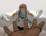  2boys blood bruise coat coat_on_shoulders dark-skinned_male dark_skin floating_clothes frown glasses hand_focus headband highres injury jewelry koby_(one_piece) looking_at_viewer male_focus marshall_d._teach mocchi_(mkz) multiple_boys multiple_rings one_piece open_hand pink_hair pov pov_hands ring sanpaku short_hair solo_focus 