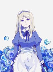  1girl apron axis_powers_hetalia back_bow belarus_(hetalia) belt blonde_hair blue_bow blue_dress blue_eyes blue_gloves bow breasts closed_mouth collared_dress cowboy_shot dress frown gloves hair_bow heart heart_background highres juliet_sleeves lace_trim long_hair long_sleeves looking_at_viewer neck_ribbon puffy_sleeves ribbon simple_background sleeve_cuffs sodamachi solo striped_belt striped_bow white_apron white_background white_bow white_ribbon 