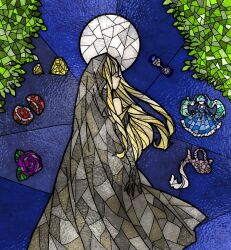  1girl alternate_hair_color bare_shoulders black_cloak black_gloves blonde_hair blue_sky chrono_story_(vocaloid) cloak clockworker's_doll closed_eyes diamond_(gemstone) doll dress elluka_clockworker evillious_nendaiki flower foliage food fruit full_moon funeral_dress gem gherea gloves highres hood hood_up hourglass long_hair megurine_luka moon night night_sky pomegranate pouring profile purple_flower purple_rose rose sky solo stained_glass vase vessel_of_sin vocaloid yellow_gemstone 