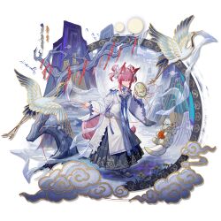  1girl animal_ear_fluff animal_ears aoqun architecture arknights bare_tree bird black_shoes black_skirt blue_nails calligraphy check_clothing chinese_clothes clothing_request collared_dress crane_(animal) double_bun dress east_asian_architecture embroidery_hoop floating flower flying fox_ears fox_girl fox_tail full_body full_moon hagoromo hair_between_eyes hair_bun hair_ornament hanfu highres holding_yarn looking_at_viewer mary_janes medium_hair moon morte_(arknights) mountain mountain_print multiple_moons nail_polish official_alternate_costume official_art paifang patchworks pink_eyes pink_hair ribbed_socks shamare_(arknights) shamare_(celestial_crane)_(arknights) sharp_teeth shawl shoes skirt socks solo standing string stuffed_toy tail teeth third-party_source transparent_background tree white_dress white_socks wide_sleeves xiangyun xiayehongming yaopei yarn yellow_flower 