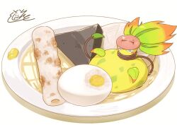  blush closed_mouth colored_skin egg food full_body highres leaf mega_pokemon mega_victreebel no_humans pink_lips plant plant_monster plate pokemon pokemon_(creature) pokemon_focus pokemon_legends:_z-a smile spotted_skin tatsumi_(panneko) victreebel vines yellow_skin 