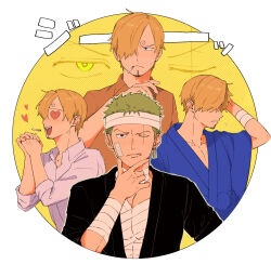  2boys bandaged_head bandaged_torso bandages blue_kimono cigarette collared_shirt commentary_request curly_eyebrows facial_hair goatee green_eyes heart heart-shaped_eyes highres iqracha japanese_clothes kimono male_focus multiple_boys multiple_views one_piece own_hands_clasped own_hands_together roronoa_zoro sanji_(one_piece) shirt smoking thinking translation_request white_shirt 