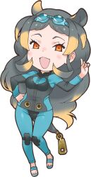 1girl animal_ears blonde_hair blue_heart blue_pants chibi chibi_only goggles goggles_on_head grey_hair grey_jacket grey_panties hand_on_hip hand_up heart hippopotamus_ears hippopotamus_gorgops_(kemono_friends) hippopotamus_tail index_finger_raised kemono_friends kemono_friends_festival long_hair looking_at_viewer multicolored_hair official_art open_mouth orange_eyes rivets slippers transparent_background yoshizaki_mine zipper_pull_tab