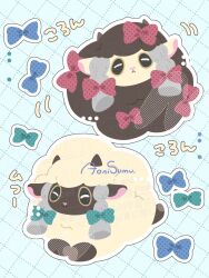  alternate_color blue_background bow check_commentary chikawapkmn0487 closed_mouth commentary_request frown full_body highres lying no_humans pokemon pokemon_(creature) sheep shiny_and_normal shiny_pokemon signature smile wooloo yellow_eyes 