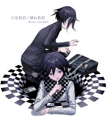  2boys absurdres arm_belt bag buttons checkered_clothes checkered_scarf commentary_request danganronpa_(series) danganronpa_v3:_killing_harmony finger_to_mouth flipped_hair gakuran hair_between_eyes half-closed_eye highres hole id_card index_finger_raised jacket long_sleeves looking_at_viewer male_focus monokuma multiple_boys muted_color oma_kokichi pants partial_commentary purple_hair ringed_eyes scarf school_bag school_uniform short_hair shushing simple_background smile squatting sukizukiko twitter_username two-tone_scarf violet_eyes 
