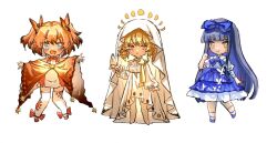  3girls :o alternate_costume bare_shoulders black_hair blonde_hair blue_bow blue_bowtie blue_eyes blue_shoes blue_skirt blush bow bowtie bug butterfly butterfly_on_hand chibi closed_mouth dress drill_hair expressionless fang full_body hair_ribbon highres hime_cut long_hair long_sleeves looking_at_viewer luna_child medium_hair multiple_girls open_mouth orange_hair orange_shoes quad_drills red_eyes ribbon shirt shoes short_sleeves shouxishao_jiuyuan skirt sleeveless sleeveless_dress smile star_sapphire sunny_milk thigh-highs touhou two-tone_dress very_long_hair white_background white_dress white_shirt white_thighhighs yellow_eyes 