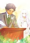  1boy 1girl bride brown_hair couple cyril_(fire_emblem) dark-skinned_male dark_skin dfhnokenbutu dress facing_viewer fire_emblem fire_emblem:_three_houses groom hetero holding holding_quill jewelry looking_at_another lysithea_von_ordelia quill red_eyes ring upper_body wedding wedding_dress wedding_ring 