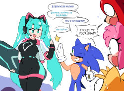 amy_rose animal_nose aqua_eyes aqua_hair blue_fur english_text furry furry_male hatsune_miku headphones headset high_five highres jewelry knuckles_the_echidna long_hair one_eye_closed quaverdraws ring short_tail sonic_(series) sonic_racing:_crossworlds sonic_the_hedgehog tail tails_(sonic) thumbs_up twintails very_long_hair vocaloid wedding_ring
