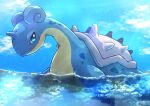  afloat blue_eyes blue_sky bright_pupils clouds day flippers from_side horns kotobukkii_(yt_lvlv) lapras looking_at_viewer no_humans pokemon pokemon_(creature) shell single_horn sky solo swimming water white_pupils 