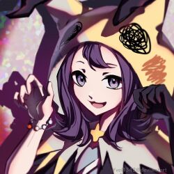  1girl acerola_(fall_2020)_(pokemon) acerola_(pokemon) deviantart_username drop_shadow ghost_pose gloves hood looking_at_viewer official_alternate_costume pokemon pokemon_masters_ex purple_hair single_glove solo upper_body violet_eyes yvel_(vszw2427) 